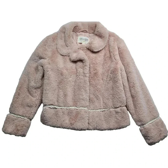 Gymboree Faux Fur Jacket Coat Girl's Large 10/12 Light Pink Button Crochet Trim